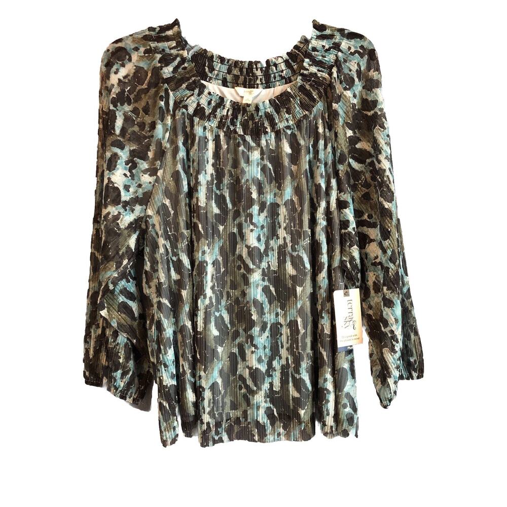 Terra & Sky Womens Tunic Topā 2X Long Sleeve Abstract Peacock Mesh Boho Cottage